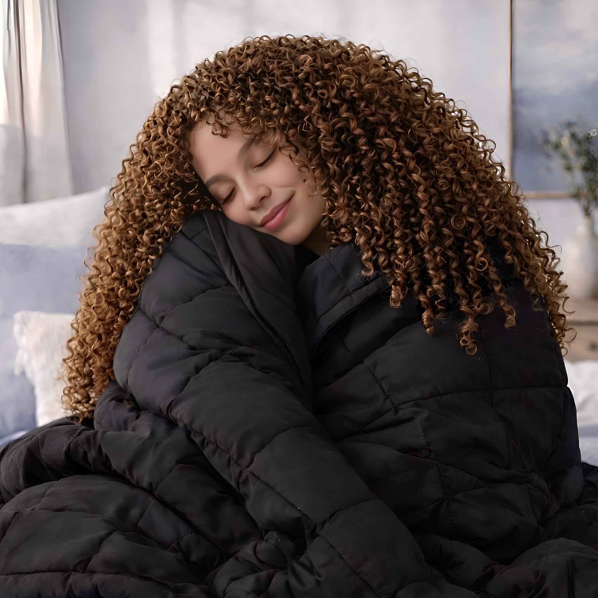 Woman wrapped in black quilted cotton weighted blanket
