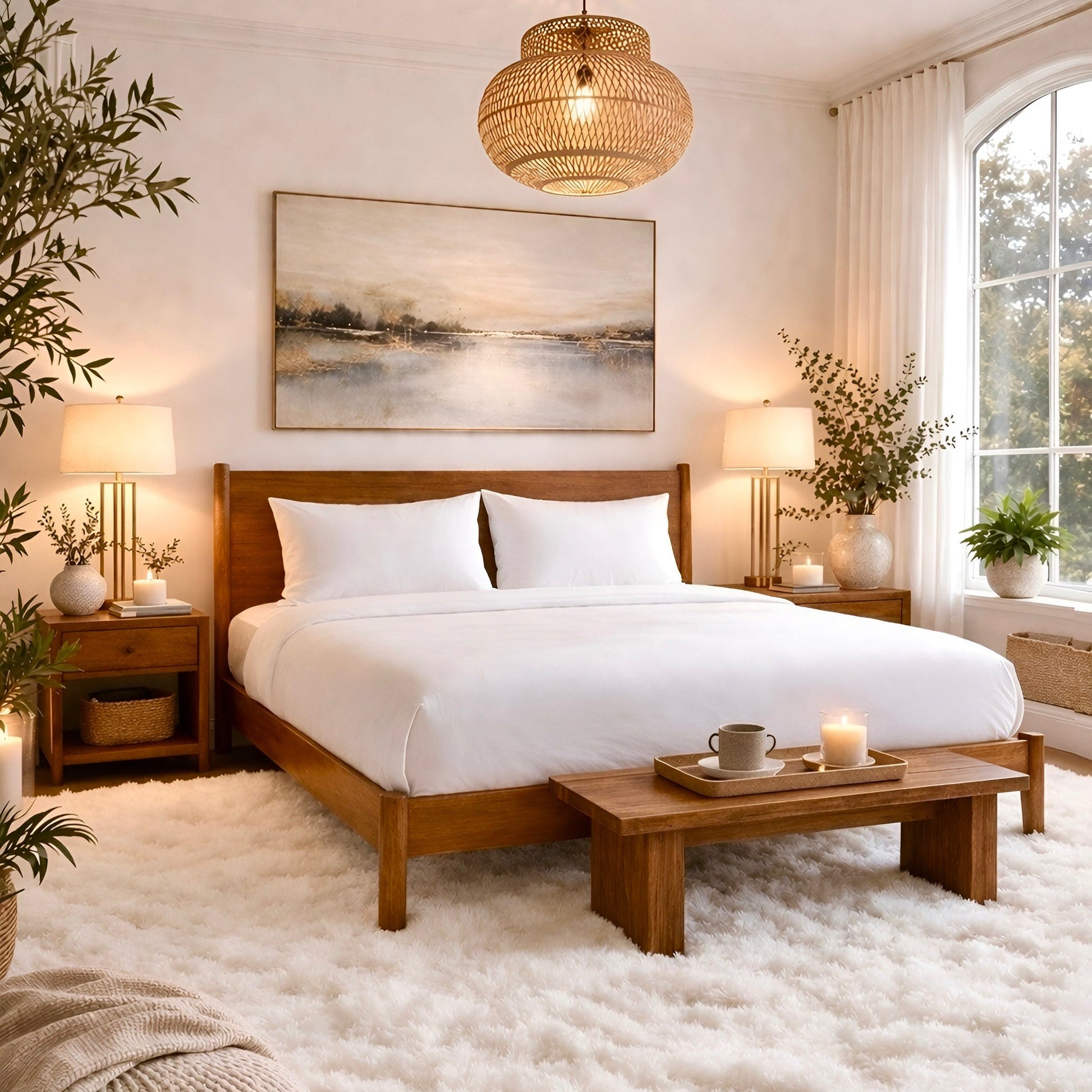 Bedroom with wooden bed, white microfiber sheets, and decorative elements.