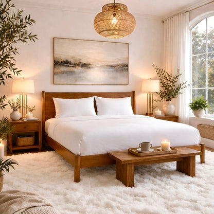 Bedroom with wooden bed, white microfiber sheets, and decorative elements.