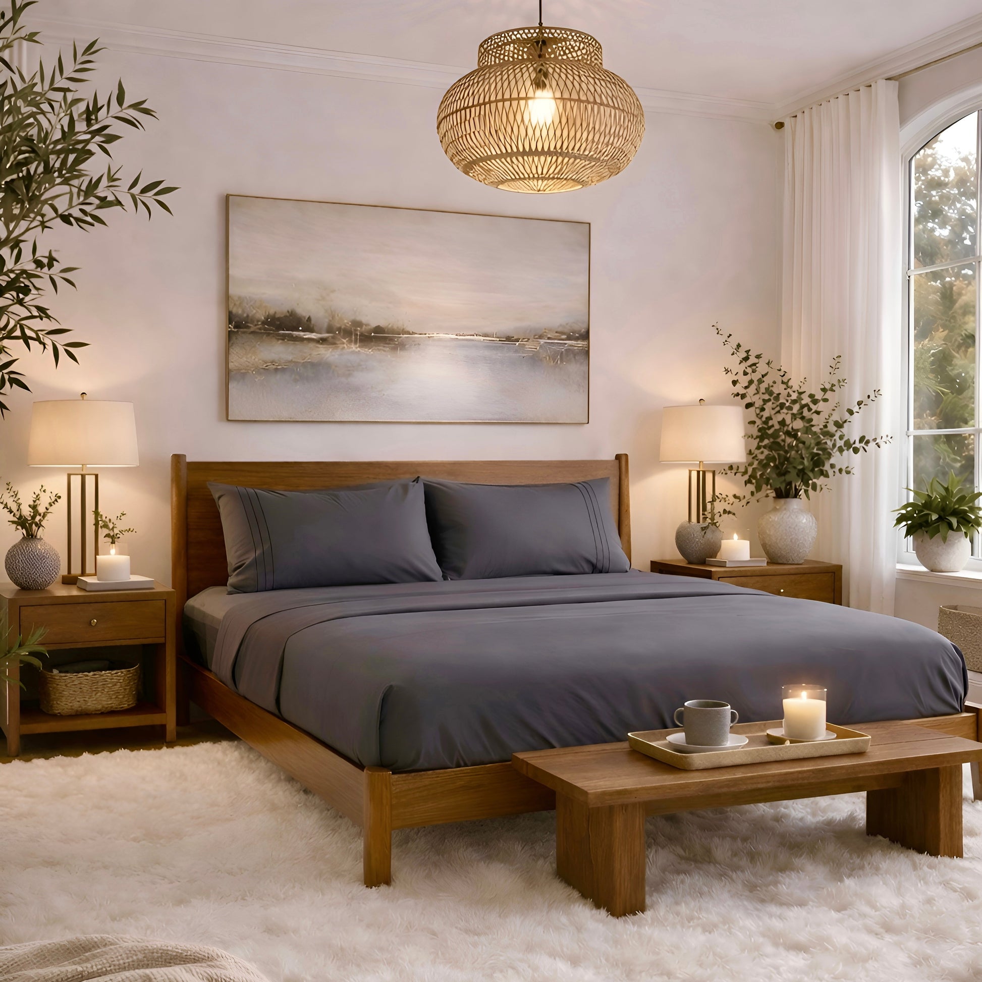 Bedroom with wooden bed, gray microfiber sheets, and decorative elements.