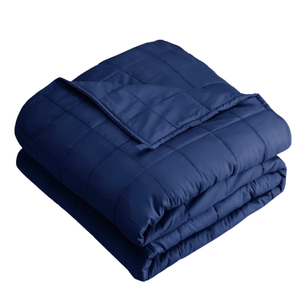 Navy Blue Quilted Weighted blanket white background 