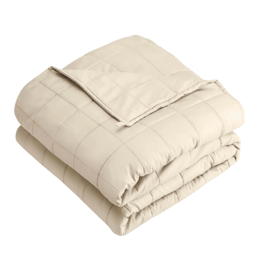Beige Quilted Weighted blanket white background 